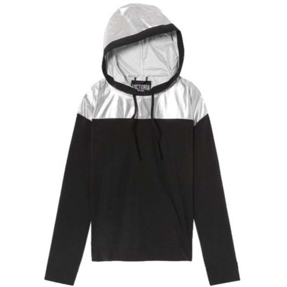 Victoria's Secret Sport Metallic Foil‎ Pullover Track Hoodie Black Silver Medium - Picture 1 of 9